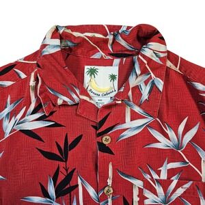 Vintage Mens Medium Red 100% Silk Bamboo Tropical Hawaiian Shirt Short Sleeve